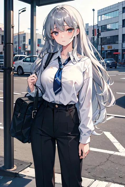 Curly, silver hair, long hair almost reaching her waist, female, high school student, about 150cm tall, big breasts, long-sleeved Y-shirt, long pants school uniform, school bag in her hand, fair complexion, pretty girlish face, slightly melancholy expressi...