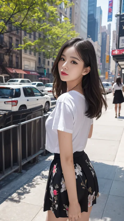 Bright outdoors、Walking around the city、((masterpiece))、((Highest quality))、picture、Reality、high resolution、Advanced Depth of Field、Ultra-detailed、Realistic lighting、((Beauty Salon))、((White T-shirt with New York print,Black Skirt))、((Washing the client&#3...