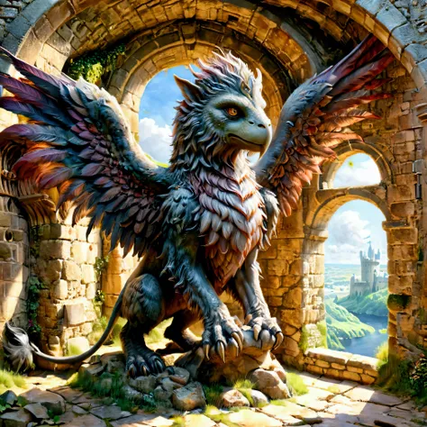 mythical griffin, artstyle-watercolour, griffin in an old castle