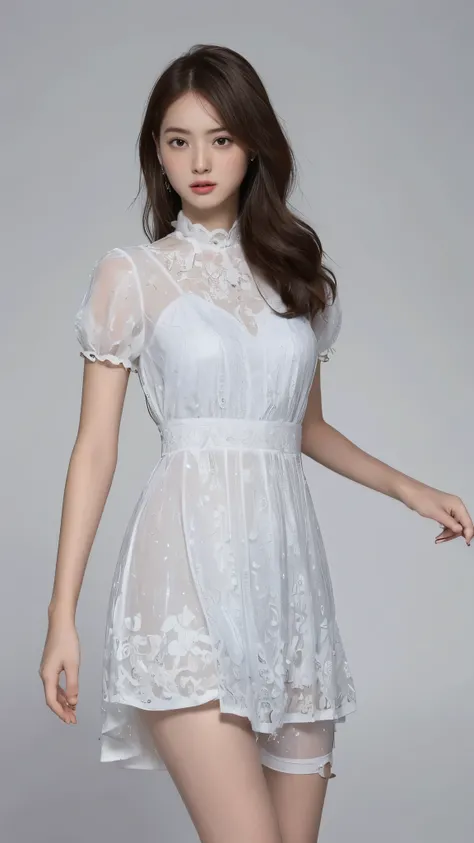 Highest quality,masterpiece,Ultra-high resolution,(Actual:1.4),Original photo,Ultra-high resolution，8K，There are also women，Fair skin、Transparent short-sleeved one-piece white dress ,long length skirts.
Long legs:1.5，Bright and beautiful，high waist，Flashy ...