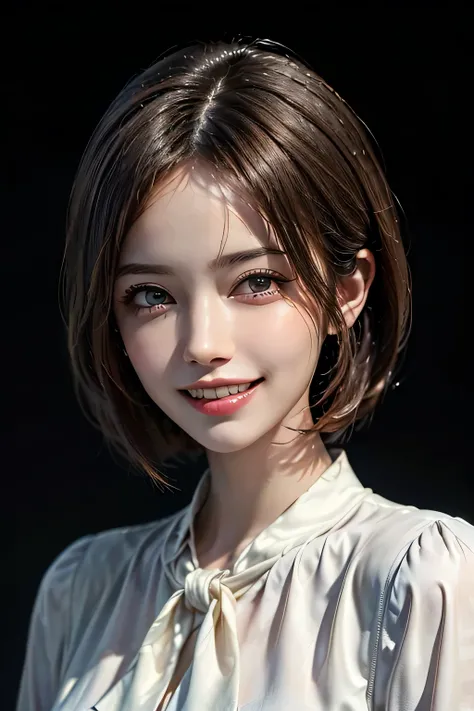 ((masterpiece)), ((Highest quality)), ((Complex)), ((Surreal)), (Realistic), (Mature Woman), ((There are no classes)), Very detailed, (1 female), Beautiful and exquisite, (Beautiful Teeth), Grin, Brunette bob hair, Brown eyes, ((blouse)), (Upper Body), ((b...