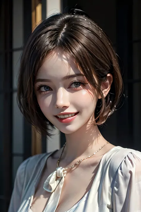 ((masterpiece)), ((Highest quality)), ((Complex)), ((Surreal)), (Realistic), (Mature Woman), ((There are no classes)), Very detailed, (1 female), Beautiful and exquisite, (Beautiful Teeth), Grin, Brunette bob hair, Brown eyes, ((blouse)), (Upper Body), ((b...