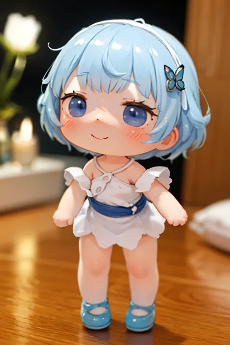 Photorealistic、Painting on a mug（Chibi Girl Doll（Embarrassed blushing smile、Morpho butterfly-inspired clothing that glows softly in the dark、Legs style、Cute Shoes、Cute Hairpins、rotate、Dance with grace））