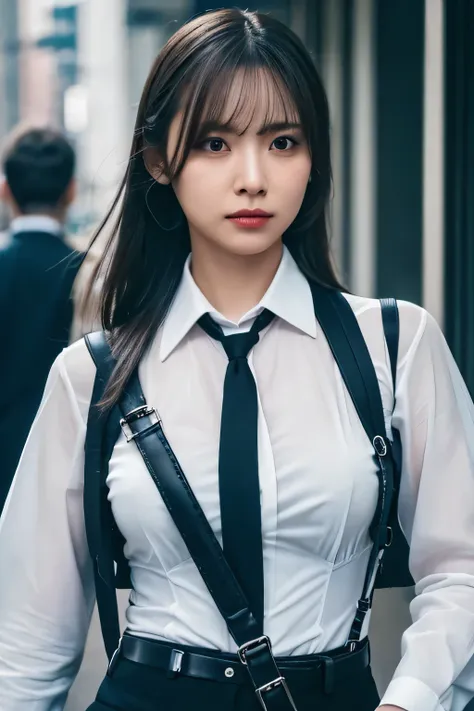 a woman in a suit, belt, hands behind back, sweating, suspenders, black pants, sexly, large breasts, see-through clothing, rain,...