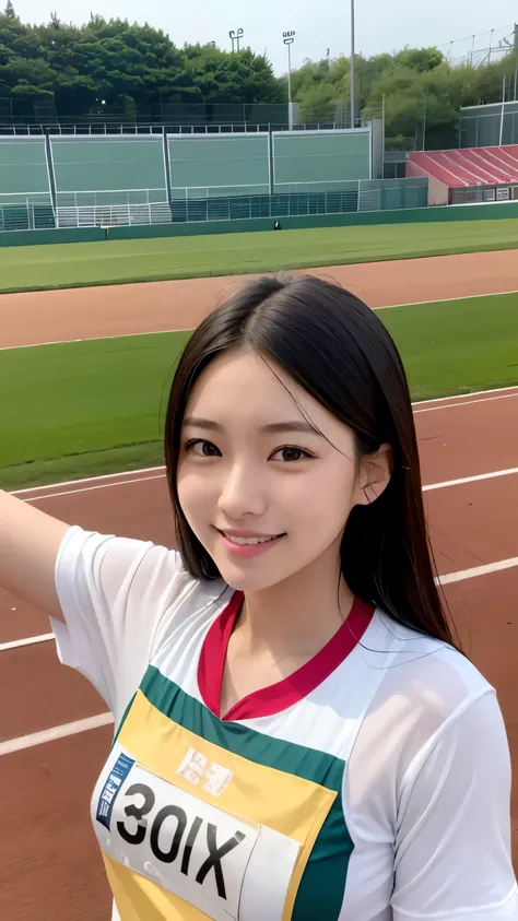 Highest quality、Realistically、Radiant Skin、Japanese women、Around 20 years old、Gravure idol、Athletics stadium with spectators、Track competitions、Roman numeral bib number、Uniforms with manufacturer logo、smile、