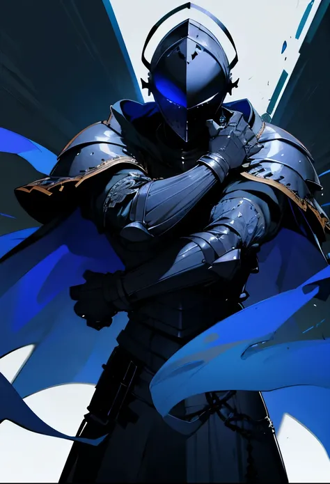 Knight, knight helmet, big black armor, chest with holes, sharp arm armor, tall, cool., With 4 arms ,With cover ,Berserker Blue Cloak