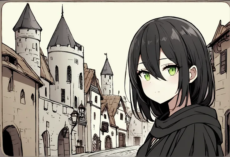 1 girl ,teen girl, hair between eyes, short black hair, black clothing, green Eyes, with a straight face, charachter, RPG, hand drawn, High details, medieval city background