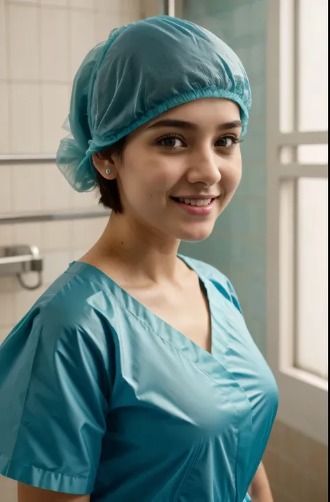 Ultra realistic, Cinematic, french teenager girl, , perfect small breasts, pediatric patient, , girl standing in medical changing room, beautiful face, big eyes, big smile, detailed face, wearsteal cotton patient gown, wide angle , bokeh, all wearing large...