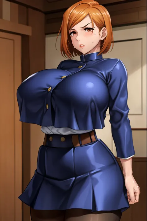 NobaraSU1,One girl, alone, short hair, Orange Hair, , Brown eyes, View Viewer, bangs, big lips, Cowboy Shot, skirt, Long sleeve, high-waist skirt, Angry face,Irritability,pantyhose, black pantyhose, Hourglass Shape, blue skirt,  turtleneck, Sweat drops, Ha...