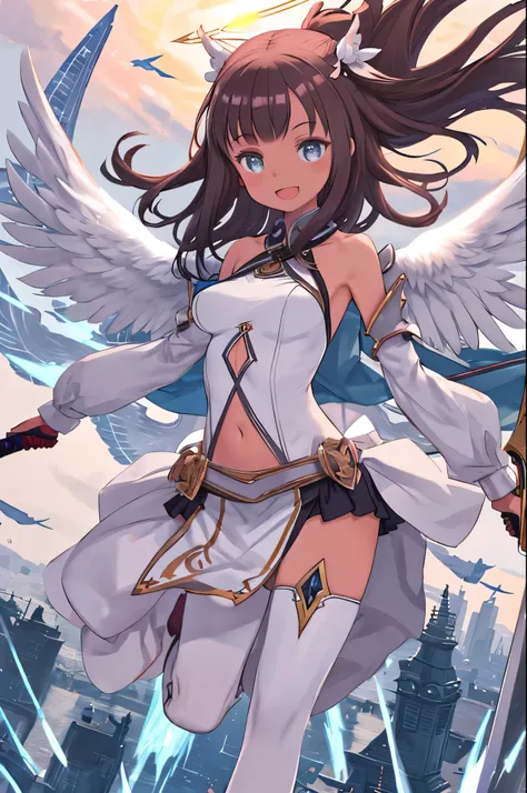 fantasy, 1angel_girl, low_teen, dark_brown_hair,long_bangs, (dark_skin)+, bare_shoulder, navel out, thighhighs,silver_shiny_armor, white_clothes,waist_armor, Glebe, hold_swords_emits_light, medium_breasts, dynamic_flying_pose,Floating, (1pair_white_wings:1...