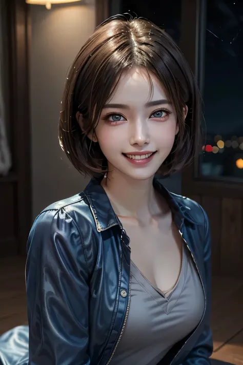 (highest quality, 8k, 32K, masterpiece), (Realistic), (Realistic:1.2), (High resolution), (night:1.7), Japan, cyber punk, 街の景Farbe, In front of the window,Wooden floor, Blue jacket, Grey Shirt, clavicle, jewelry, gem, Brunette Bob, 1 female, 4, (Grin), Bea...