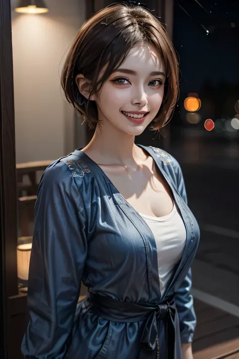 (highest quality, 8k, 32K, masterpiece), (Realistic), (Realistic:1.2), (High resolution), (night:1.7), Japan, cyber punk, 街の景Farbe, In front of the window,Wooden floor, Blue jacket, Grey Shirt, clavicle, jewelry, gem, Brunette Bob, 1 female, 4, (Grin), Bea...