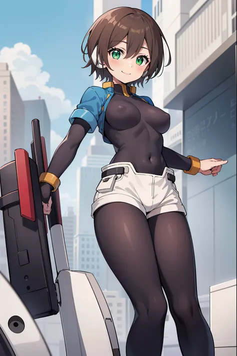 aile_megamanzx,  , 1girl, solo, short hair, brown hair, short sleeves, (bodysuit), robot ears, green eyes, short_shorts, short sleeves, short over long sleeves, smile, in futuristic city, , high quality, medium_breasts,crotch, slouch