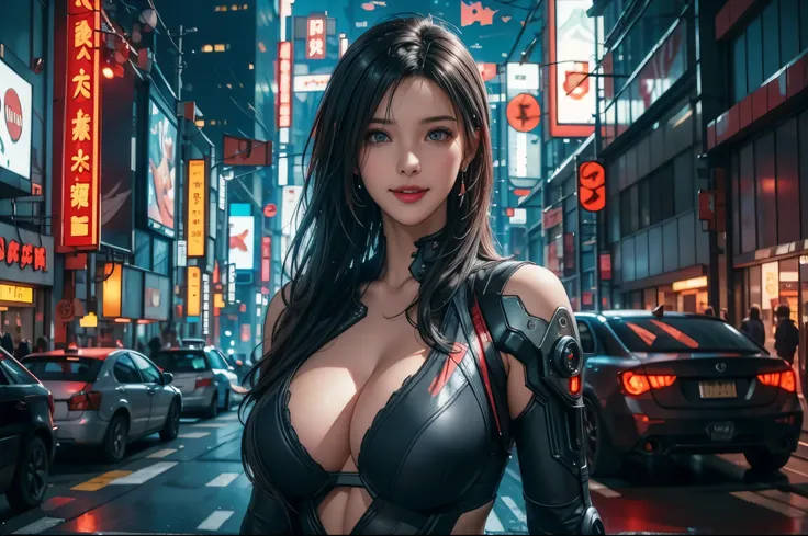 (cyberpunk world war 3), (RAW photo), (Realistic), (photo-realistic), ultra high resolution, masterpiece, highest quality, perfect lighting, detailed lighting, dramatic shadow, ray tracing, one Japanese beautiful girl, ((solo:1.2)), Voluptuous body, cleava...