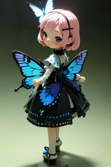 Photorealistic、Chibi Girl Doll（Embarrassed blushing smile、Morpho butterfly-inspired clothing that glows softly in the dark、Cute Shoes、Cute Hairpins、rotate、Dance with grace）