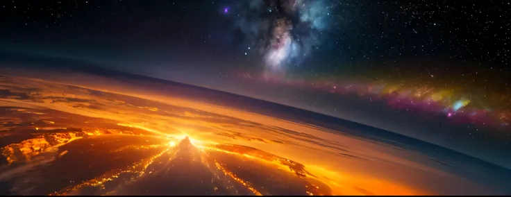 Very beautiful universe。Many colors are in gradation。Many Stars。Bright in the center, dark at the edges。A bright star in the foreground。Meteors Fall。The stellar ocean is made of amber。An angel sleeps in amber。high-grade。3D Images。