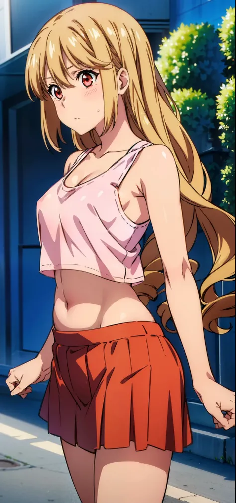 1 girl,Asagi, standing,masterpiece, cowboy_shot, red eyes, healthy skin, blushed, 20-year-old, street, cropped tank top, skirt, navel, midriff ,golden hair, long hair 