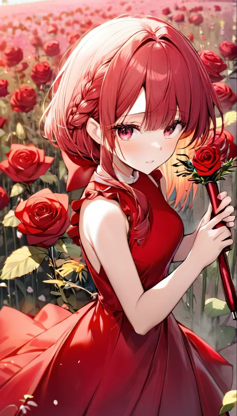 1 girl, solo,berasts,rose,red dress,hand holding a baton,flower field