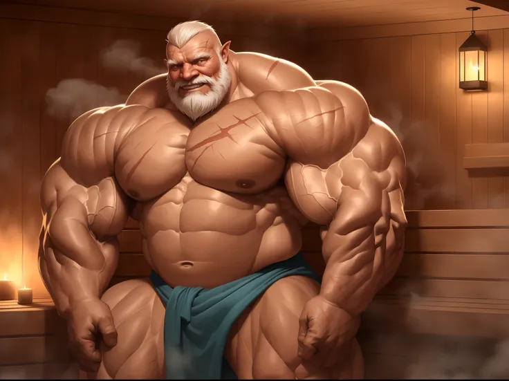 huge muscular old man (orc) soaking in an sauna, white and short hair, white beard, old, old man, grandpa, huge scar on chest, ,...