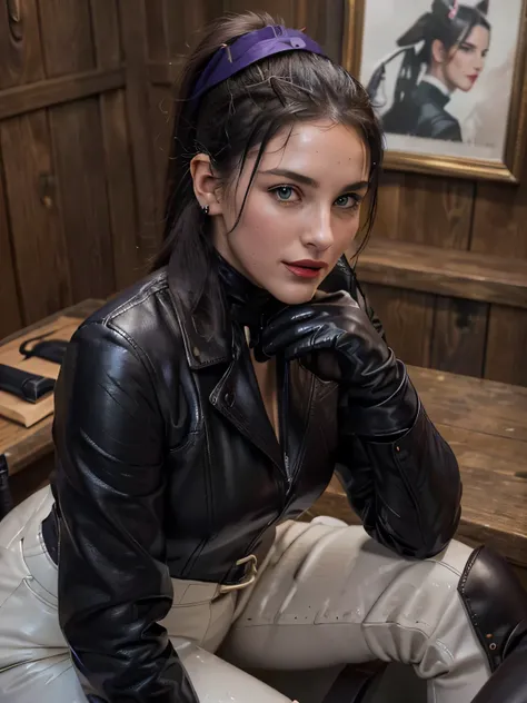 photo of a gorgeous horny, wet and sweaty, fully clothed woman, owner of an English horse stable with a sensual smile sitting on the desk with her legs crossed, waiting for the man she loves, Monica Bellucci at 3, ((eyes incredibly light blues)) ((flirting...