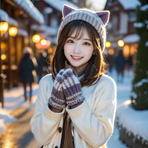 ((Highest quality)), ((masterpiece)), (detailed), ((Highest quality))、8k、High resolution、 Japanese、2、female、cute cat hat、smile、At the theme park、Warm outerwear、The season is winter.、((Snow Scene))、((Mitten gloves))、