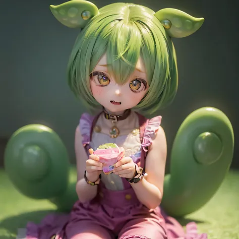 cheeky green haired zundamon(((((in the form of a child)))))eat sweets、