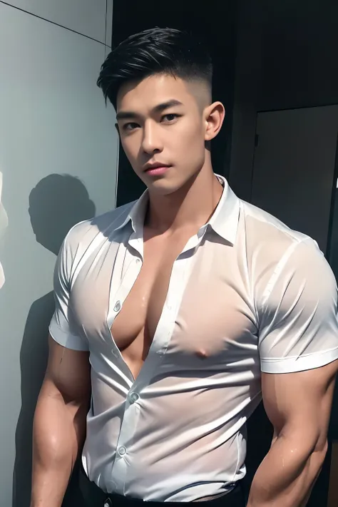 (armface:1.3) , Handsome young man standing, (have a mustache:0.8) , (short hair:1.2), The forearms are muscular., (Collared shirt with buttons:1.2), (Black open chest shirt:1.3), (Wet shirt:1.3),black pants, Big muscles, Handsome and muscular, full body a...