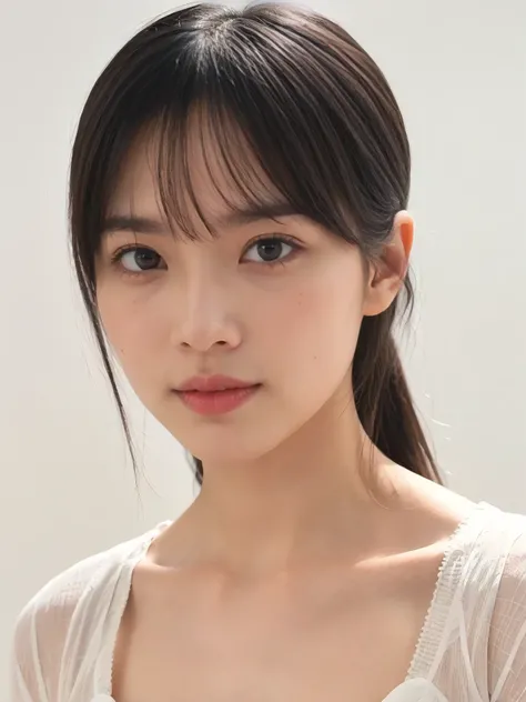 1girl, 25years old woman, cute face, Small breasts, medium breasts, large breasts, beautiful face, (perfectly detailed face), ((looking at viewer)), Simple Background, ((white background)), ((white wallpaper)), White skin, (bright lighting:1.2), perfect li...
