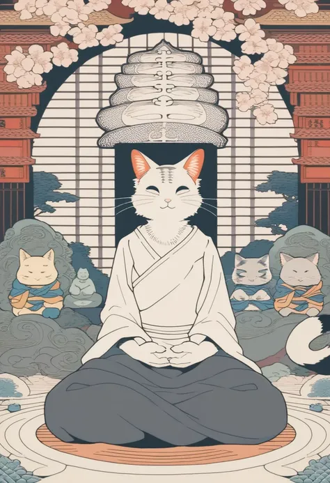 ((Masterpiece)), ((Best Quality)), (Very Detailed), ((Very Detailed)), 4K, (8K), very aesthetic, absurdres highres, 1 man, (anthropomorphic cat, furry, kemono:1.5), Buddha Cat, Zen Buddha meditating cat, stone statue, flat color, ukiyo-e style, retro art s...