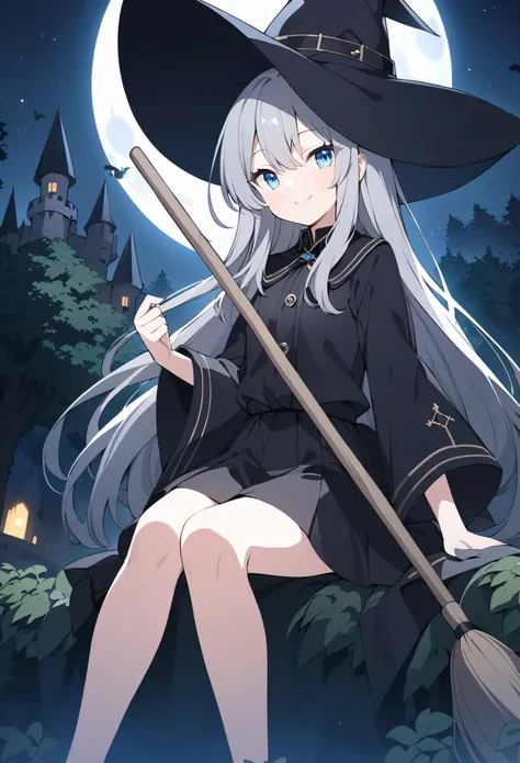 Anime girl with grey hair and black clothes holding a broom and in a forest next to a castle at night, alone girl, hat, solo, witch hat, blue eyes, moon, night, long hair, outdoor, sitting, tree, smiling, sky, full moon