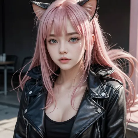 1girl, pink hair, long hair, Black jacket, leather jacket, pink eyes, fringe hair, cat ears, ((ultrarealistic))