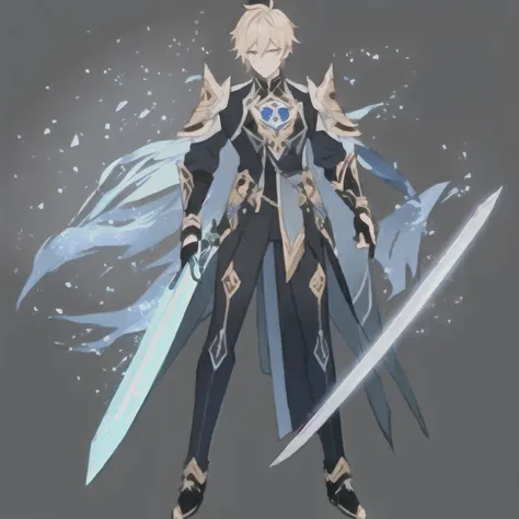 cartoon image of a male character with a sword and armor, suit with blue inserts, Genshin is a shock character, Detailed full-body concept, Keqing from Genshin&#39;s blow, black and gold armor, new costume concept, Very stylish fantasy armor., intricate fa...