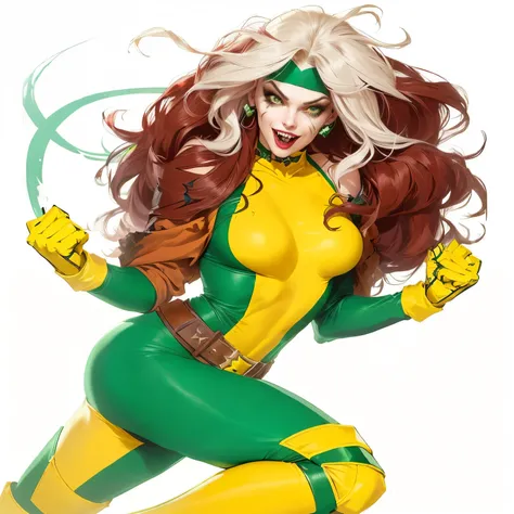 "Create an image of Rogue, also known as Vampira from the X-Men, in a playful and humorous scene. She’s depicted with her signature look: vibrant green eyes, a striking white streak in her auburn hair, and her familiar green and yellow outfit. Her expressi...