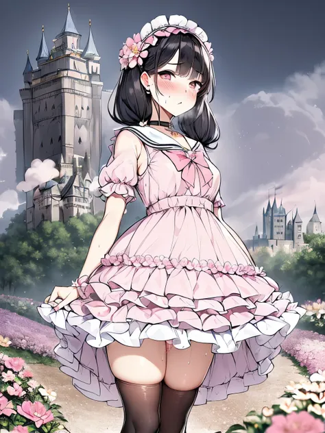 masterpiece, Highest quality, High resolution, One girl, Fluffy dresses, Sailor collar, Headdress, Lace panties, Detailed face, blush, Anime CG style, (Small breasts), Black Hair, Twin tails, Good lighting, Perfect body, whole body, Erect nipples, pink bow...