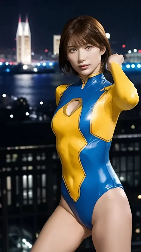 cool super heroine, yellow and blue leotard, night city, fighting desperately, hero belt, fighting pose