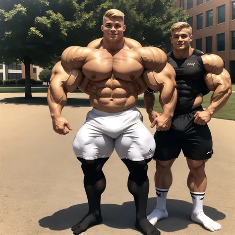 full body view, one teen cute white blonde undercut boy model wearing black socks and lycra sport shorts, no shoes, looking like a freaky roidstuffed over-bloated bodybuilder, proudly posing outside, front american college, black socks must be seen