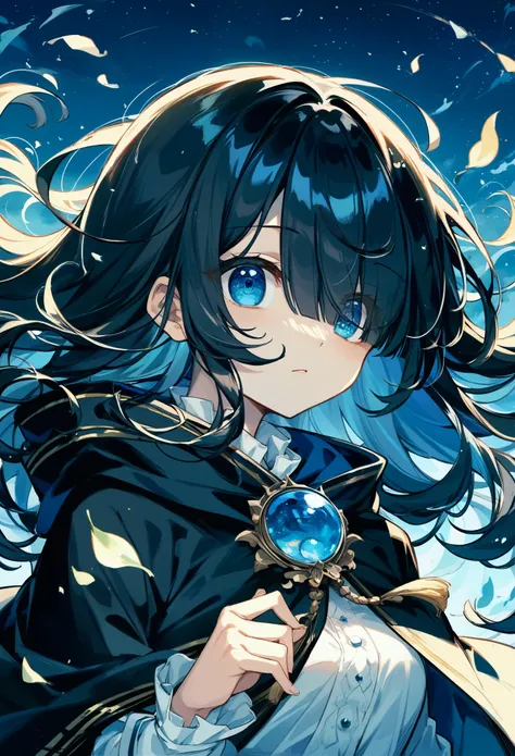 eyes visible through hair / bangs,(hair over one eyes),Long Black Hair、((Beautiful Blue Eyes)),Cute Girls、Wearing a black cloak、Hair fluttering in the wind in the night sky