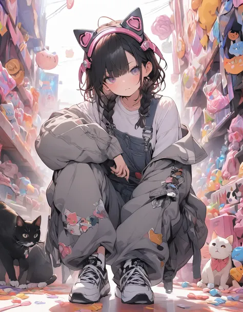 masterpiece、1 girl, braided hair, cool look, overalls clothes, full body, sneakers, faced the front, ((cat headgear)), candy background