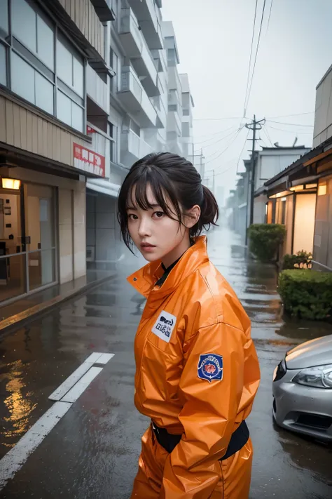 highest quality、masterpiece、ultra-high resolution、photorealistic、beautiful female disaster relief rescue team member in orange u...