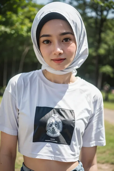 ((CROPPED TSHIRT:1.29)), HIJAB GIRL STYLISH & WEARING HOTPANTS, masutepiece, High quality, UHD 32K, Realistic face, Realistic skin feeling , A Japanese Lady, 5 matured lady, , Very cute and baby-like face, (((FLAT CHEST))), (Night time at forest), ((look I...