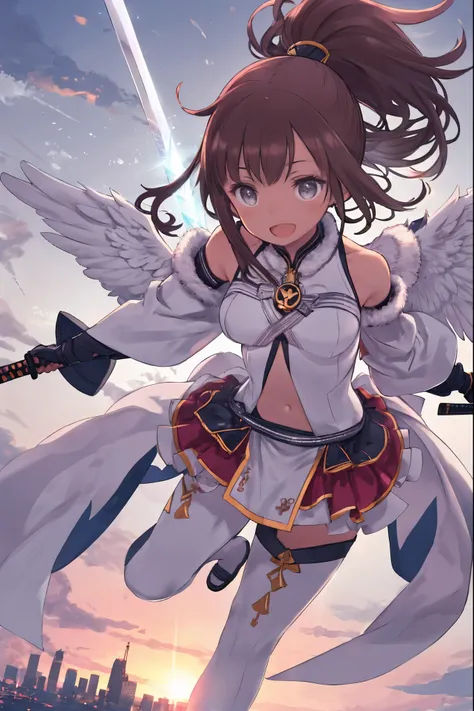 fantasy, 1angel_girl, low_teen, dark_brown_hair,ponytail,long_bangs, (dark_skin)+, bare_shoulder, navel out, thighhighs,silver_shiny_armor, white_clothes,waist_armor, Glebe, hold_swords_emits_light, medium_breasts, dynamic_flying_pose,Floating, (1pair_whit...
