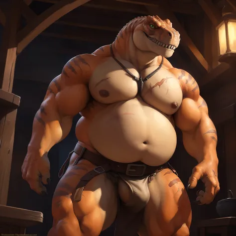 ultra detailed), a beautiful and detailed full size portrait of a male t rex, dinosaur, reptile, ((orange body, yellow skin, green eyes, detailed eyes, muscular anthro, buff, big pecs, fat, obese, scar)), non-mammal breasts, close up view, big body, sexy b...