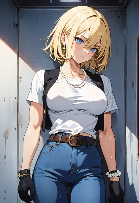 masterpiece, Highest quality, High resolution, (Artificial Human Room No. 18),1990s (style),(E-cup beautiful breasts)、height: 170cm,Sweating all over the body、vapour、muscular、(sexly)、(nsfw),M-shaped legs,Sweaty、Composition from the front、solo,Anime-style p...