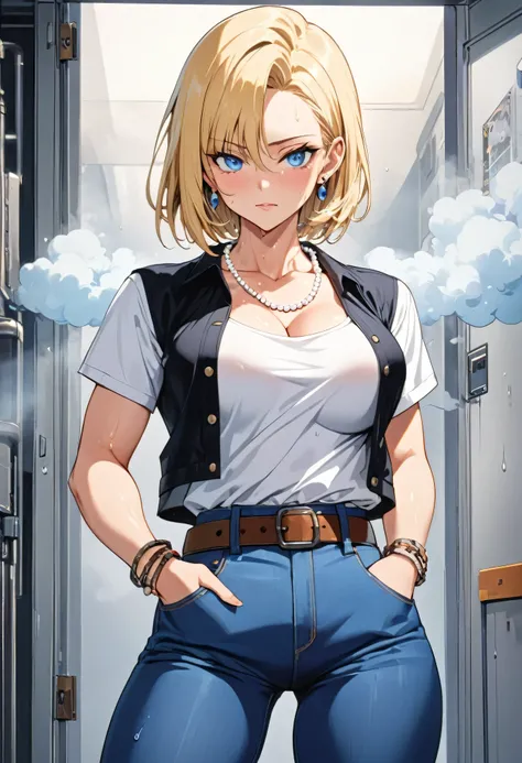 masterpiece, Highest quality, High resolution, (Artificial Human Room No. 18),1990s (style),(E-cup beautiful breasts)、height: 170cm,Sweating all over the body、vapour、muscular、((sexly))、(nsfw),(M-shaped legs),Sweaty、solo,Anime-style painting style, blonde h...