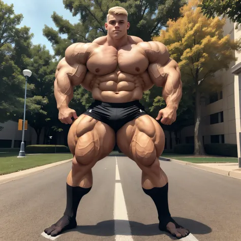 full body view, one teen cute white blonde undercut boy model wearing black socks and lycra sport shorts, no shoes, looking like a freaky roidstuffed over-bloated bodybuilder, proudly posing outside, front american college, black socks must be seen