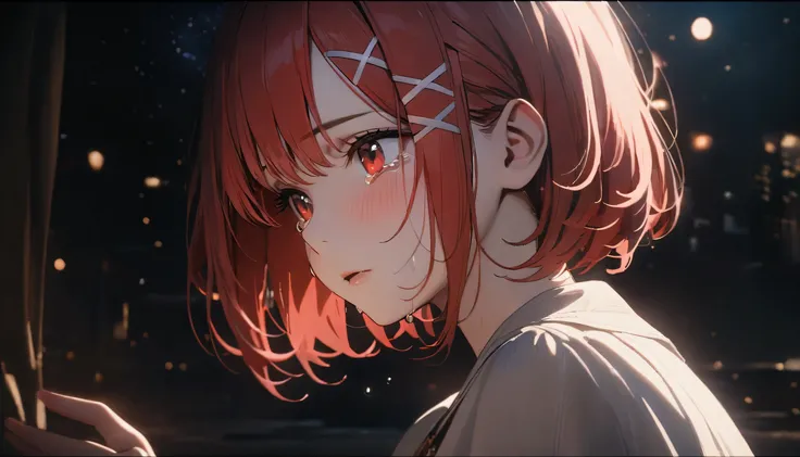 short hair, (Red hair:1.2), x Hair ornament, Red eyes,One person,Highest quality, masterpiece, High resolution,highest quality, intricate details, (cinematic lighting), RAW photo, 8k ,high definition detail、Under the stars、Are crying、