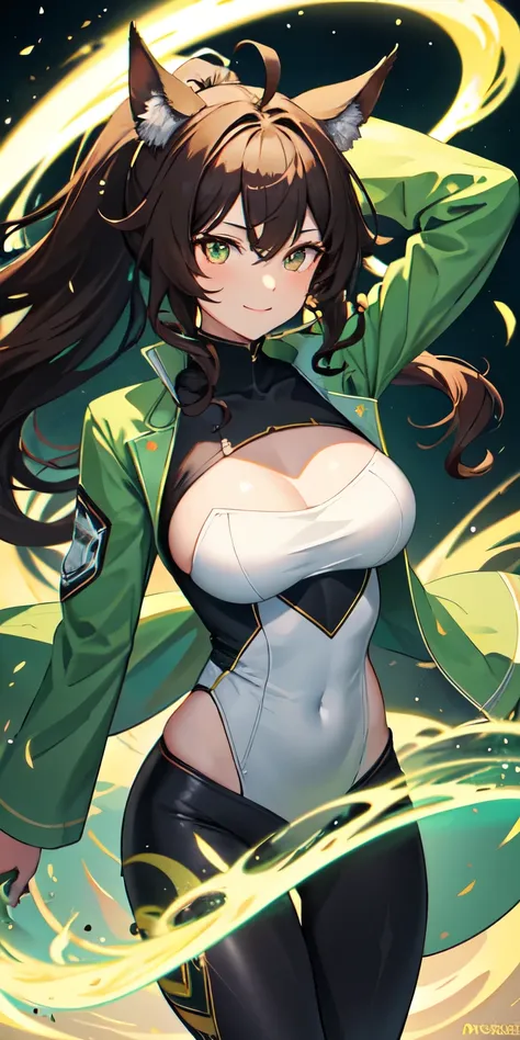 1 person,woman,Wolf Cut,Hind hair,Long ponytail,Brown Hair,Ahoge,Curly hair,Green flame, Vortex of flames,wallpaper, Wind景,Depth of written boundary, night, Particles of light, light, Side light, Thighs,****, cloud,Gaze, Large Breasts, Green Eyes, Horse ea...