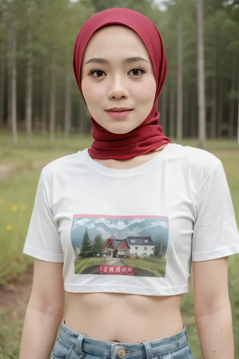 ((CROPPED TSHIRT:1.29)), HIJAB GIRL STYLISH & WEARING HOTPANTS, masutepiece, High quality, UHD 32K, Realistic face, Realistic skin feeling , A Japanese Lady, 5 matured lady, , Very cute and baby-like face, (((FLAT CHEST))), (Night time at forest), ((look I...