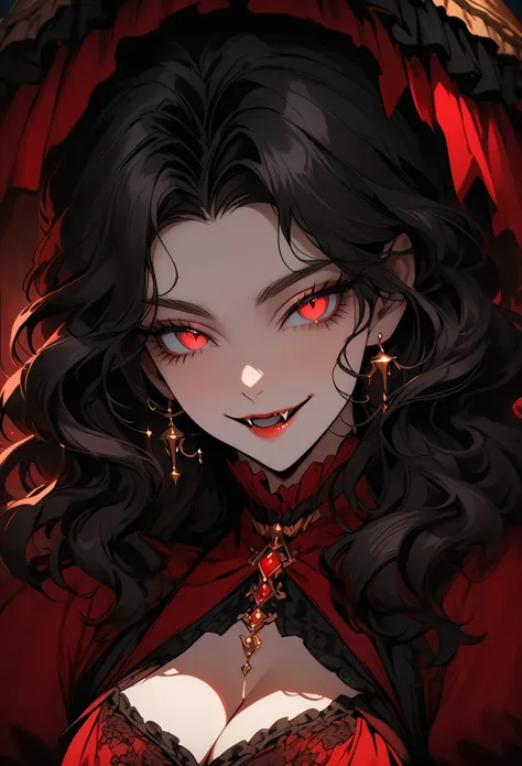 female focus, close up, deep crimson eyes, eyes with flecks of gold, wavy hair, thick hair, long flowing black hair, noble vampire girl, voluptuous, elegant, refined grace, pose, smile, parted lips, night town, Victorian dress, cleavage, fangs, parasol, 