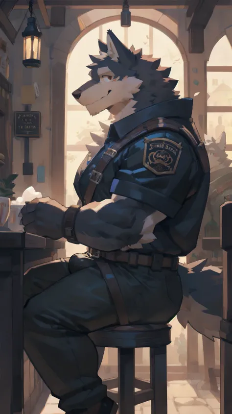 Solo, male, sitting at tavern, bulge, by bigcozyorca, by goonie-san, by bebebebebe, by spikedmauler, side view, big buff , wolf tyrannosaurus hybrid,  black fur, black fur, bushy tail, buff, wearing brown fantasy leather armor, tall, masculine,  bulge, sex...